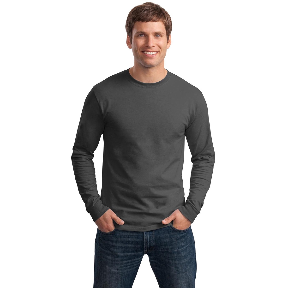 Hanes 5586 Tagless Cotton Long Sleeve T-Shirt - Smoke Grey | FullSource.com