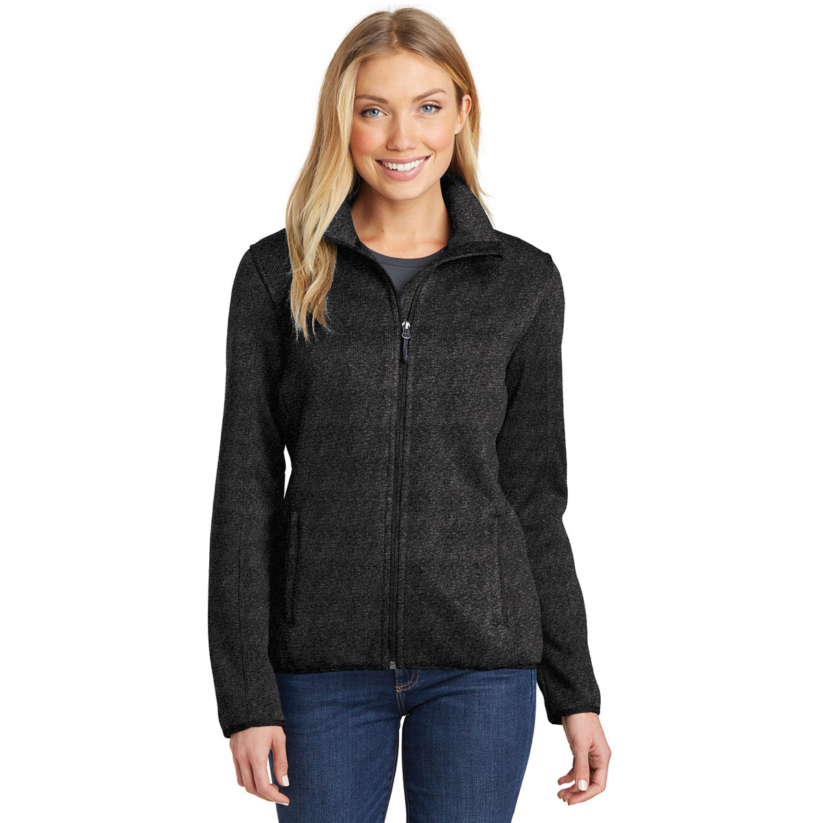 Port Authority L232 Ladies Sweater Fleece Jacket - Black Heather ...