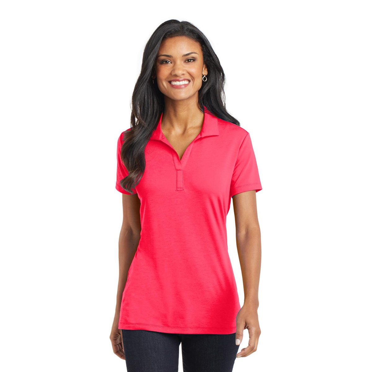 coral color polo shirt