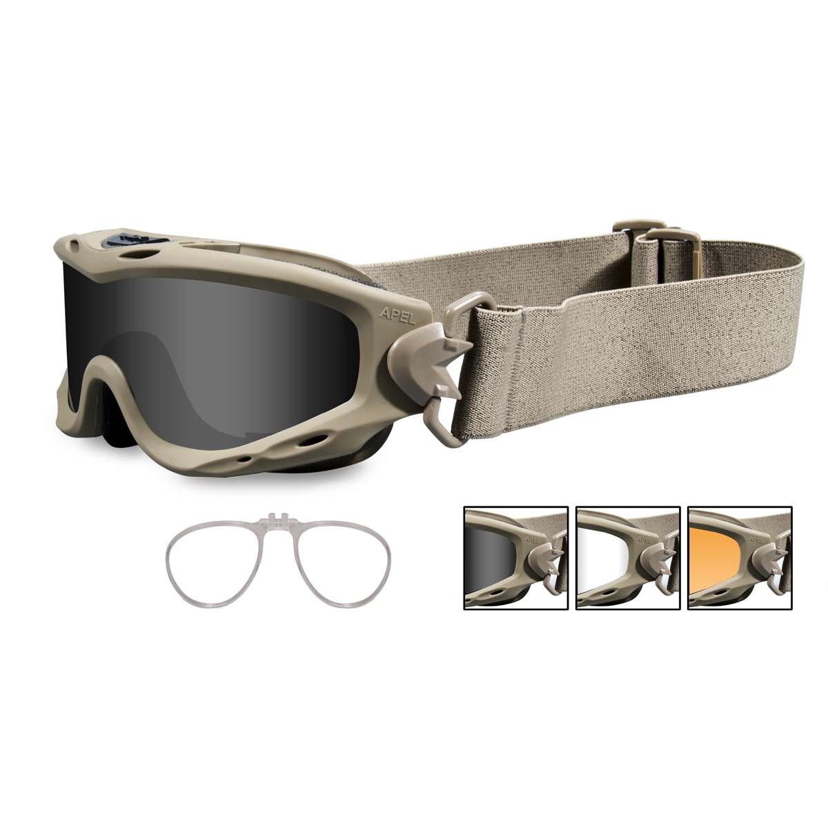 Wiley X Spear Goggles w/ RX Insert Tan Frame Grey, Clear & Rust