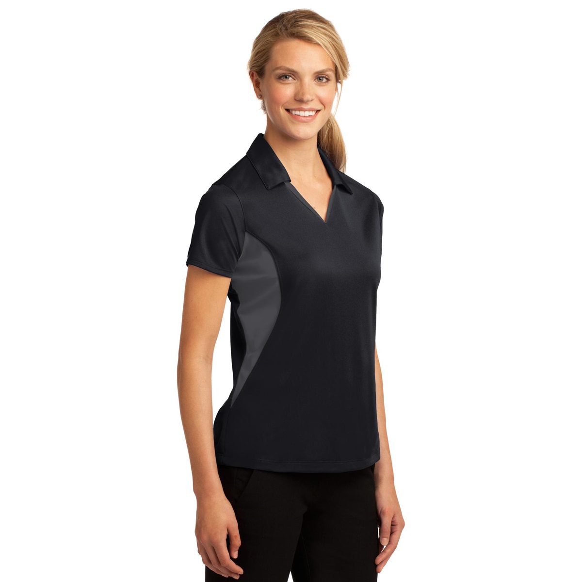 Sport-Tek LST655 Ladies Side Blocked Micropique Sport-Wick Polo Shirt - Black/Iron Grey 