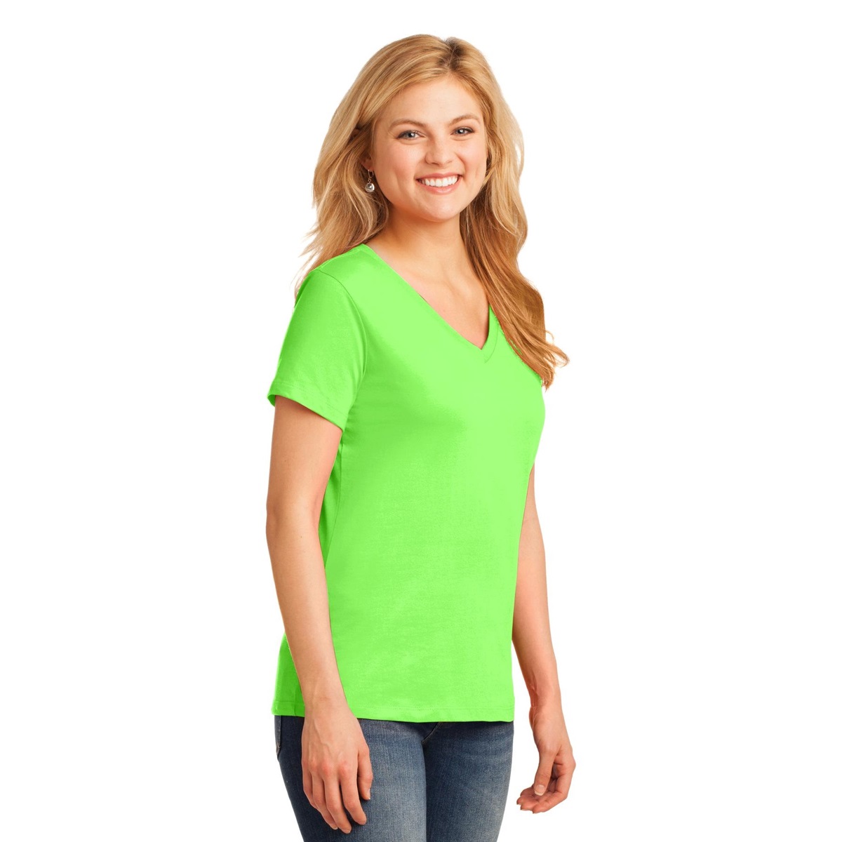 Port & Company LPC54V Ladies 5.4-oz Cotton V-Neck T-Shirt - Neon Green ...